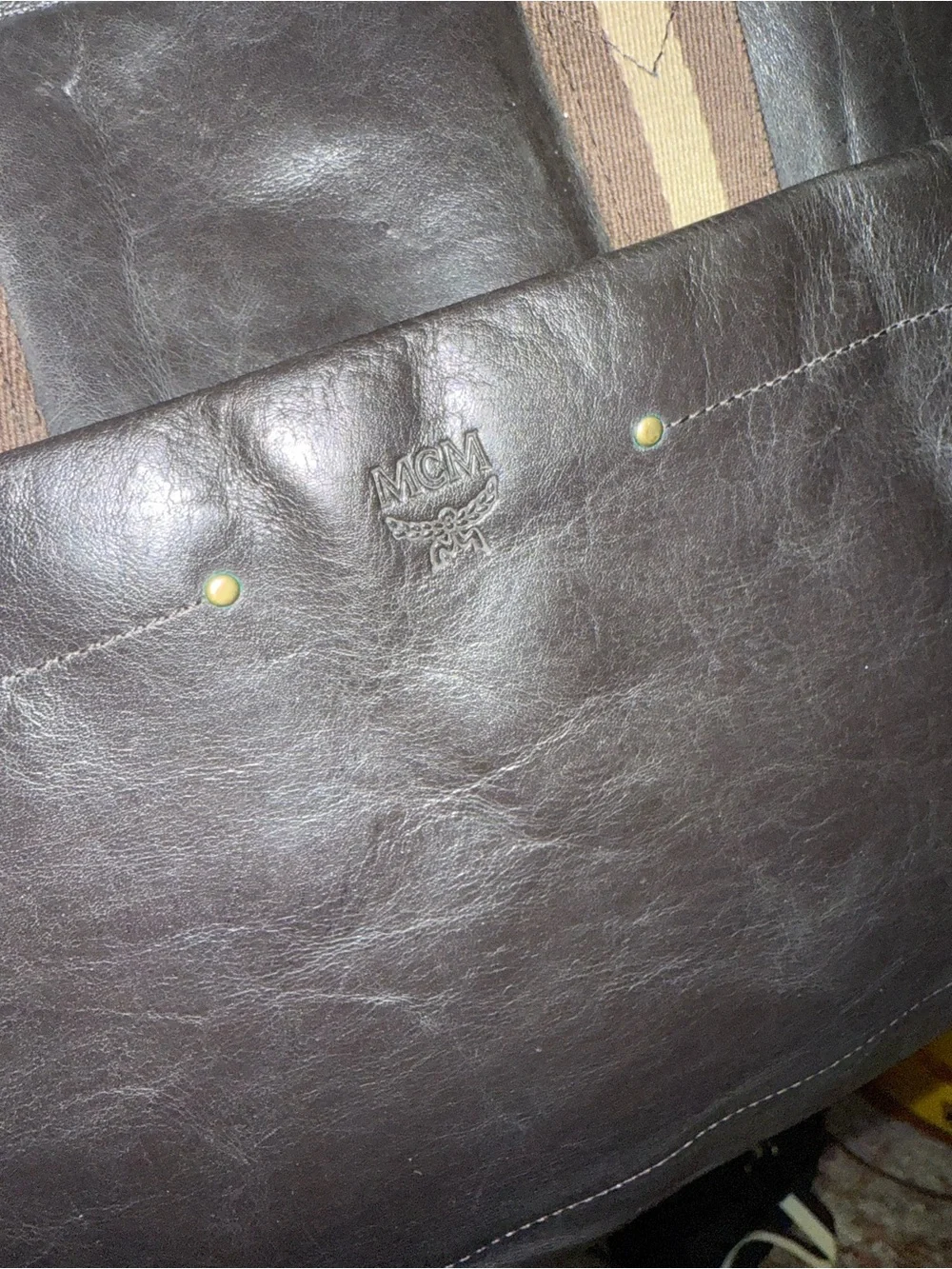 MCM Men's Black Leather Bag with Brown Stripe Handles